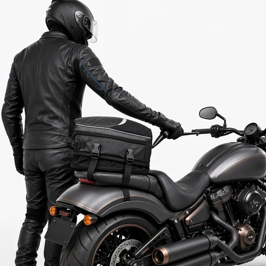Bolsa Expansiva Alforge Garupa Baslu 21L impermeável instalada na moto