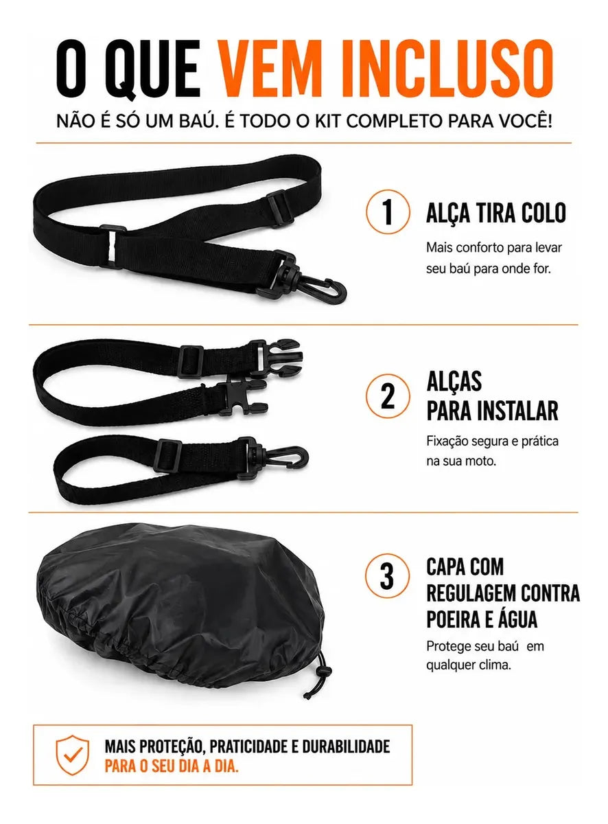 Itens inclusos na Bolsa Baslu: alça tira-colo, alças de fixação e capa impermeável