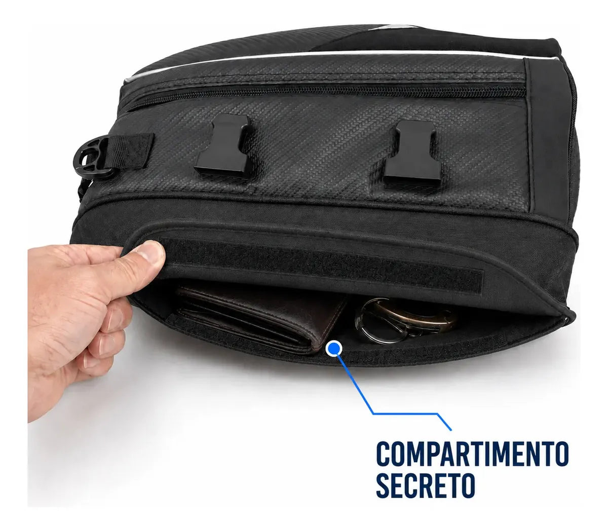 Bolsa Baslu 21L instalada no banco de uma moto esportiva