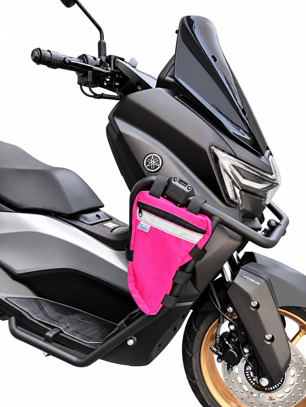 Alforje frontal para carenagem Baslu pink instalado na moto, close do zíper e fitas de fixação