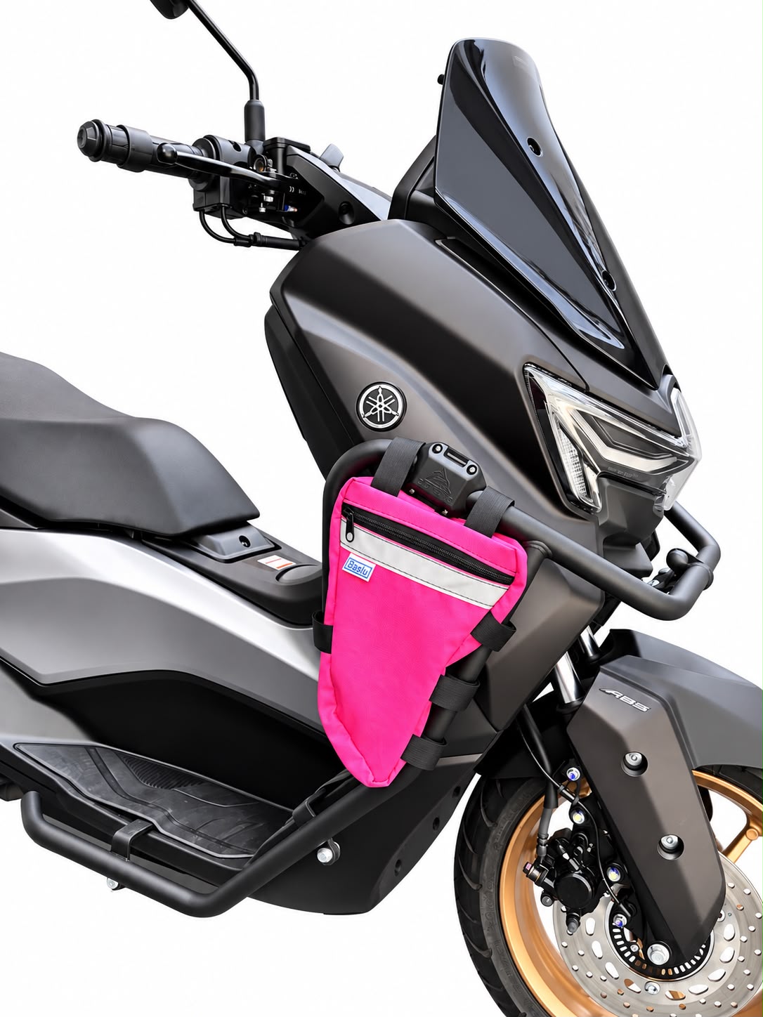 Alforje frontal para carenagem Baslu pink instalado na moto, close do zíper e fitas de fixação