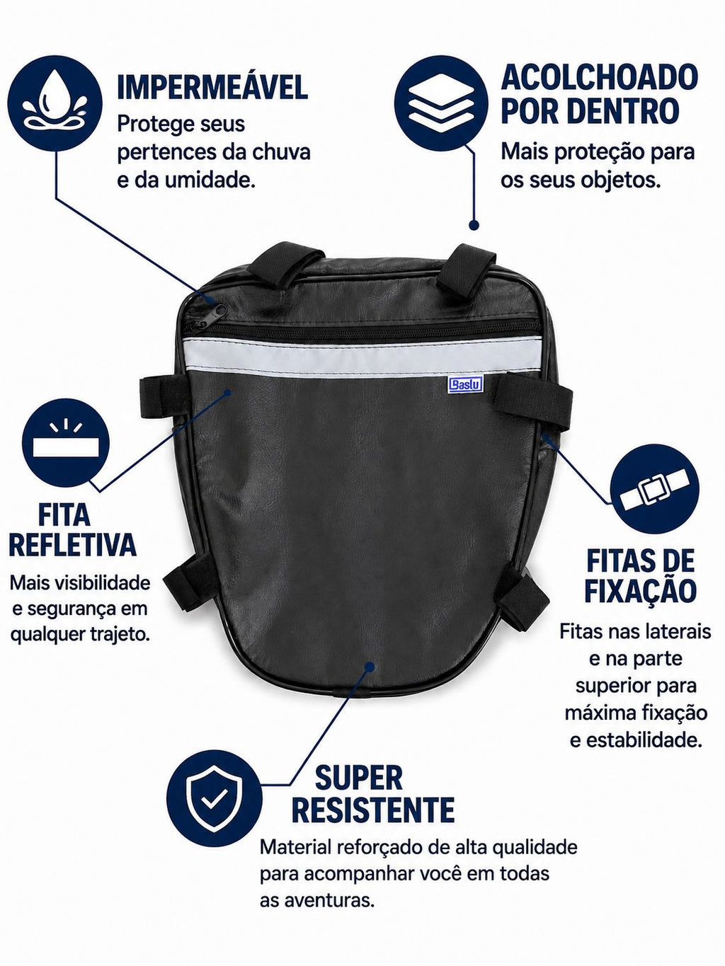 Infográfico do Alforje Frontal para Carenagem Baslu com as características: impermeável, acolchoado por dentro, fita refletiva, fitas de fixação e material super resistente