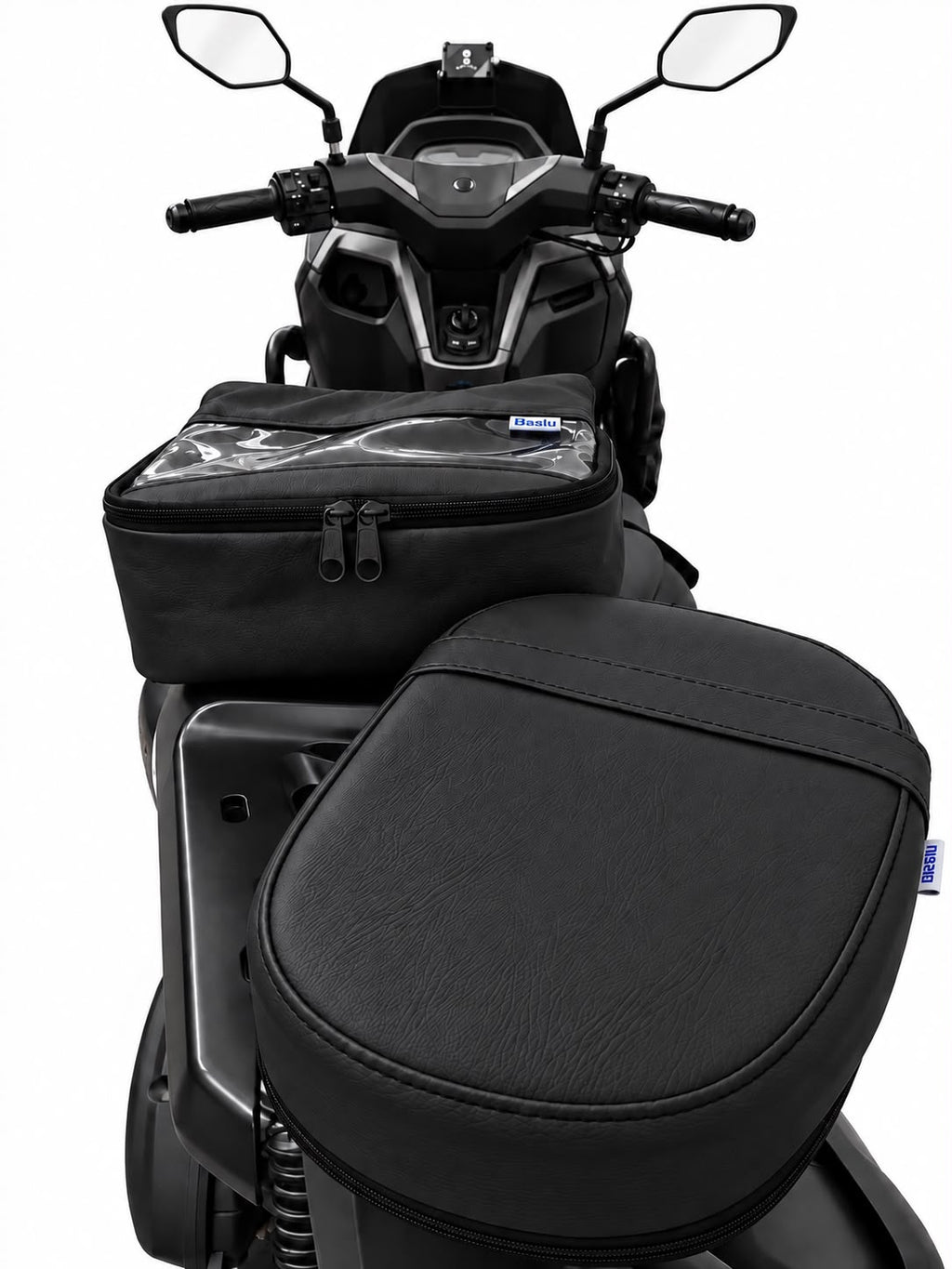 Kit Baslu preto: almofada de garupa e bolsa de guidão para moto e scooter, vista de cima