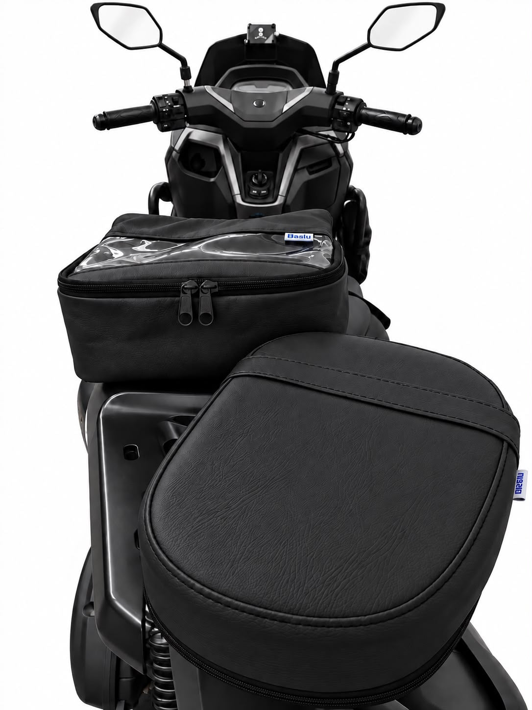 Kit Baslu preto: almofada de garupa e bolsa de guidão para moto e scooter, vista de cima