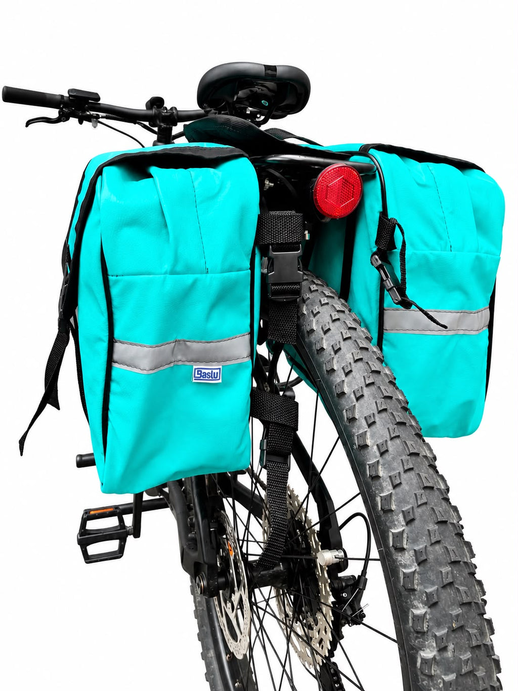 Alforje 40L Bike Baslu azul tiffany, detalhe da faixa refletiva