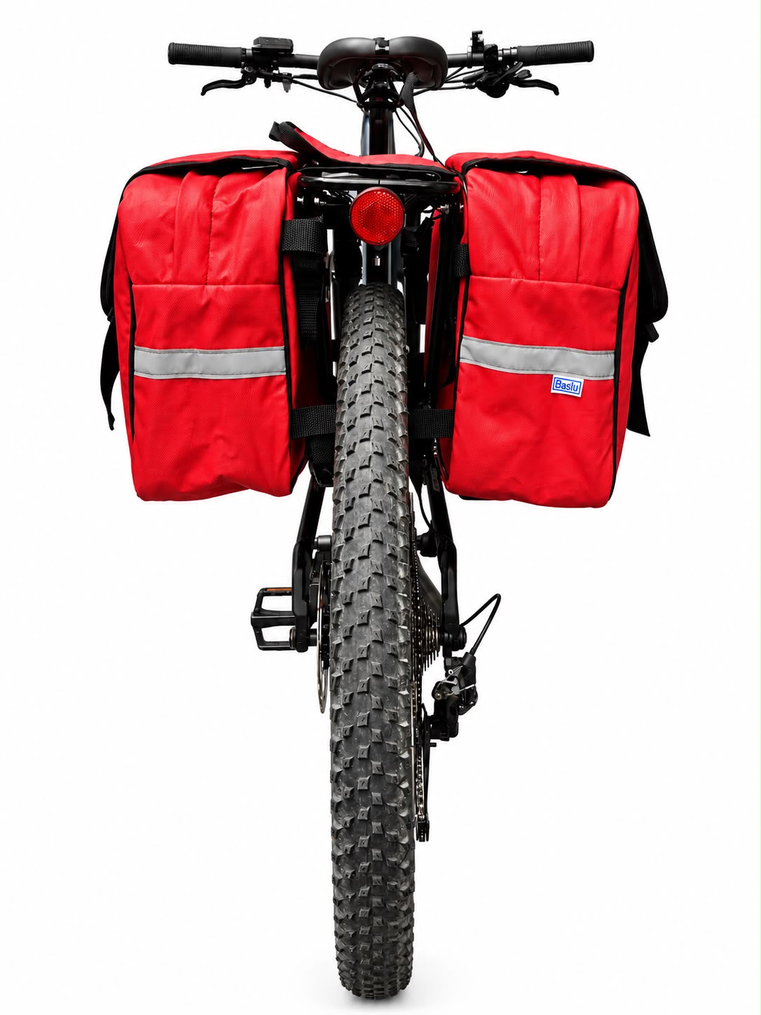 Alforje 40L Bike Baslu vermelho instalado no bagageiro da bicicleta