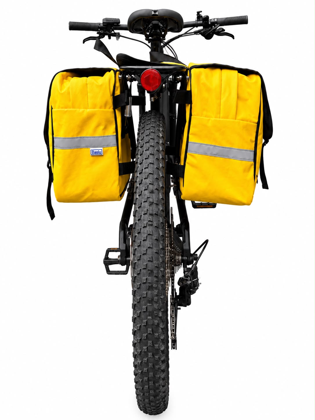 Alforje 40L Bike Baslu amarelo instalado na bicicleta, vista frontal