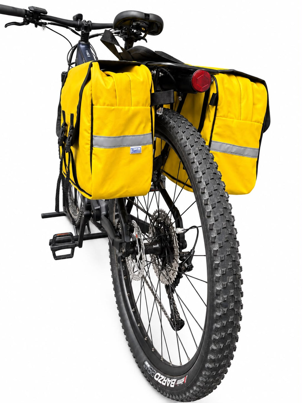 Alforje 40L Bike Baslu amarelo instalado na bicicleta, vista traseira
