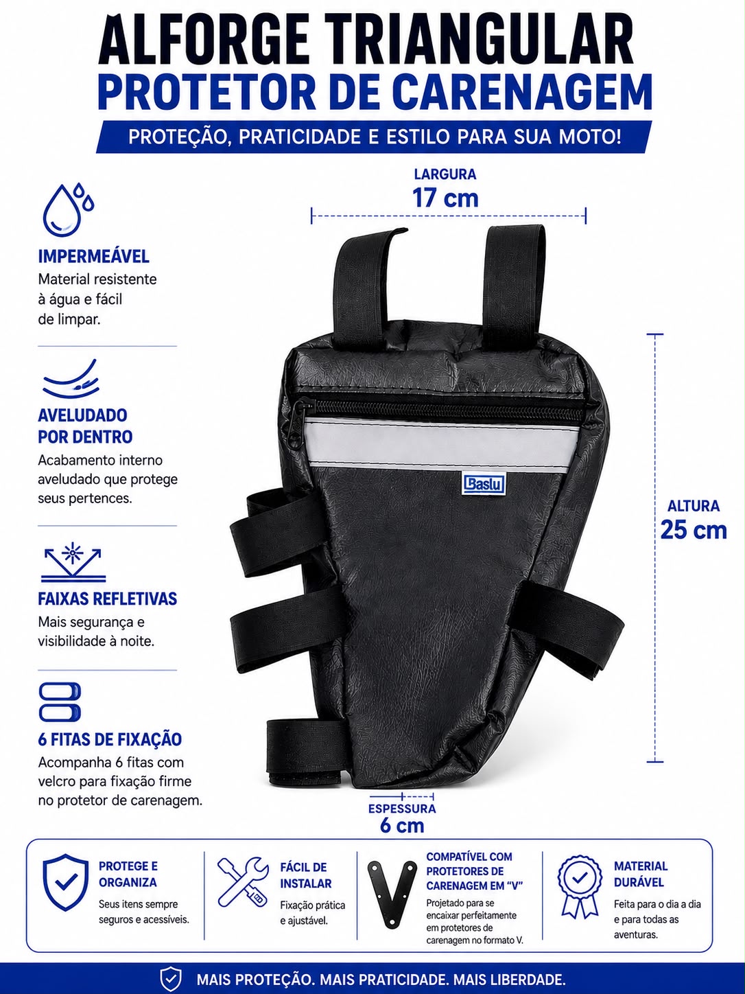 Infográfico do Alforje Frontal para Carenagem Baslu com medidas: 17 cm na borda superior, 6 cm na base e 25 cm de altura