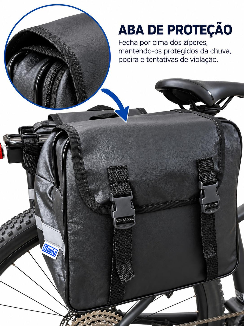 Detalhe da aba de proteção do Alforje 40L Bike Baslu preto