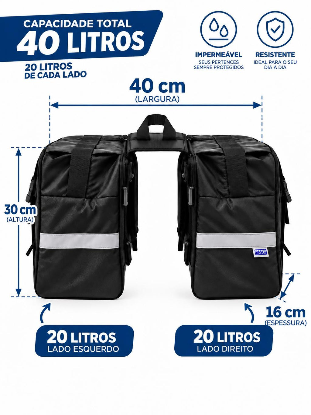 Infográfico com a capacidade de 40 litros do Alforje Bike Baslu, 20 litros em cada lado, e suas dimensões