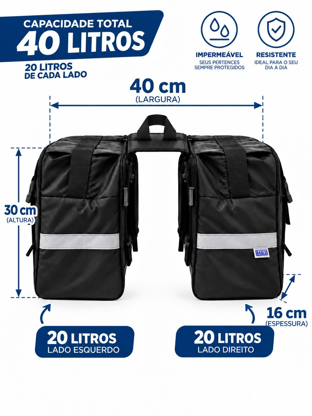 Infográfico com a capacidade de 40 litros do Alforje Bike Baslu, 20 litros em cada lado, e suas dimensões