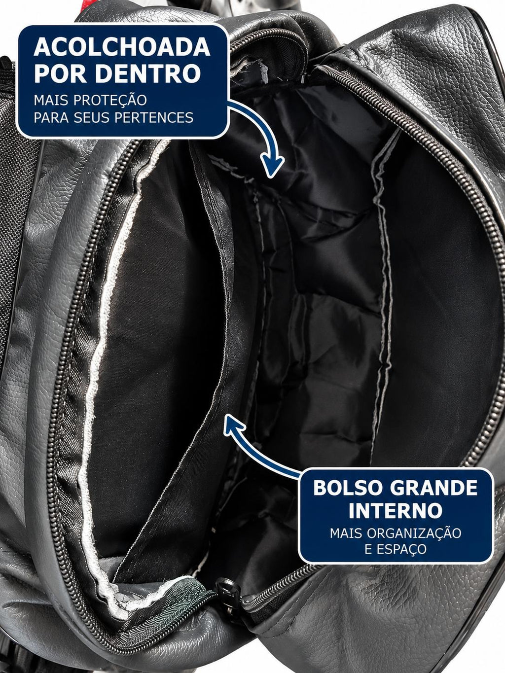 Alforje 40L Bike Baslu preto aberto, mostrando o compartimento interno acolchoado e o bolso grande