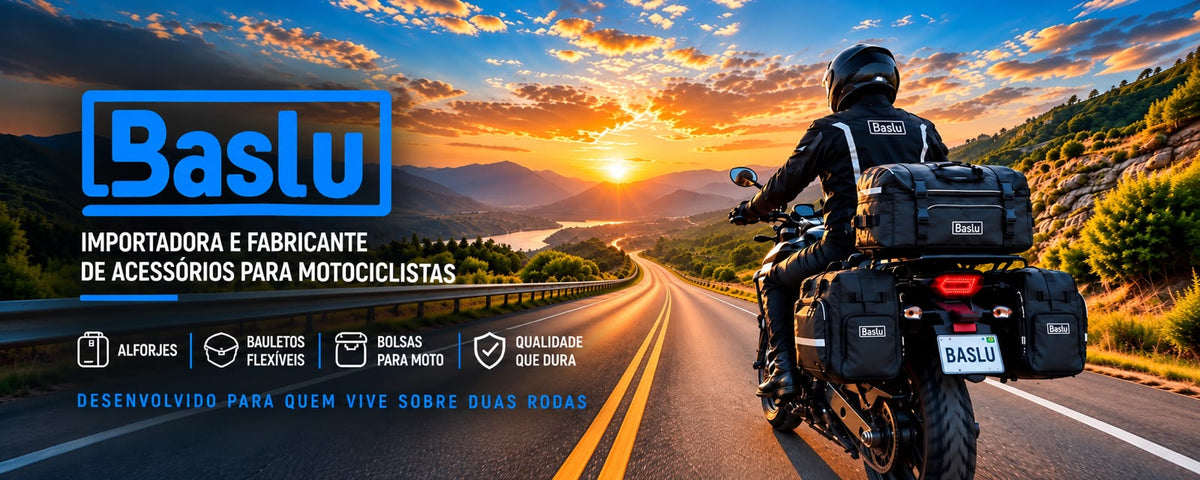 Motociclista com alforje Baslu na moto ao pôr do sol. Baslu, importadora e fabricante de acessórios para motociclistas: alforjes, bauletos flexíveis e bolsas para moto