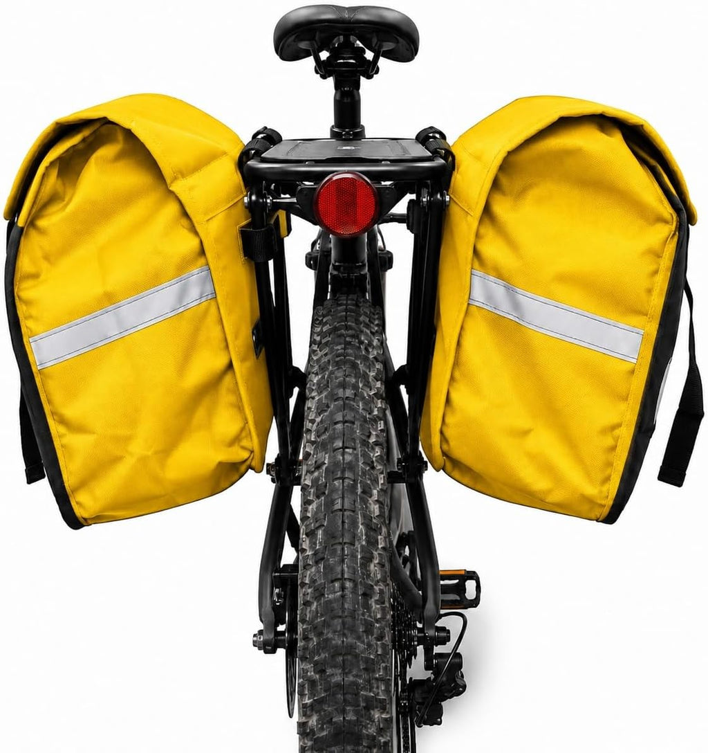 Vista traseira do Alforge Bike 60L Baslu amarelo com as duas bolsas laterais na bike