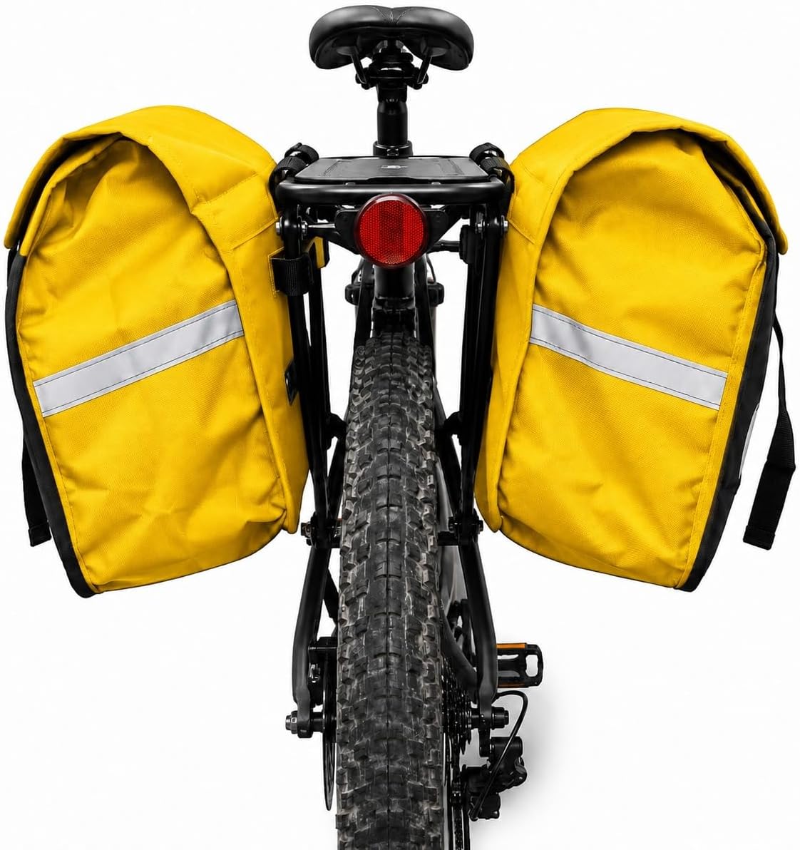 Vista traseira do Alforge Bike 60L Baslu amarelo com as duas bolsas laterais na bike
