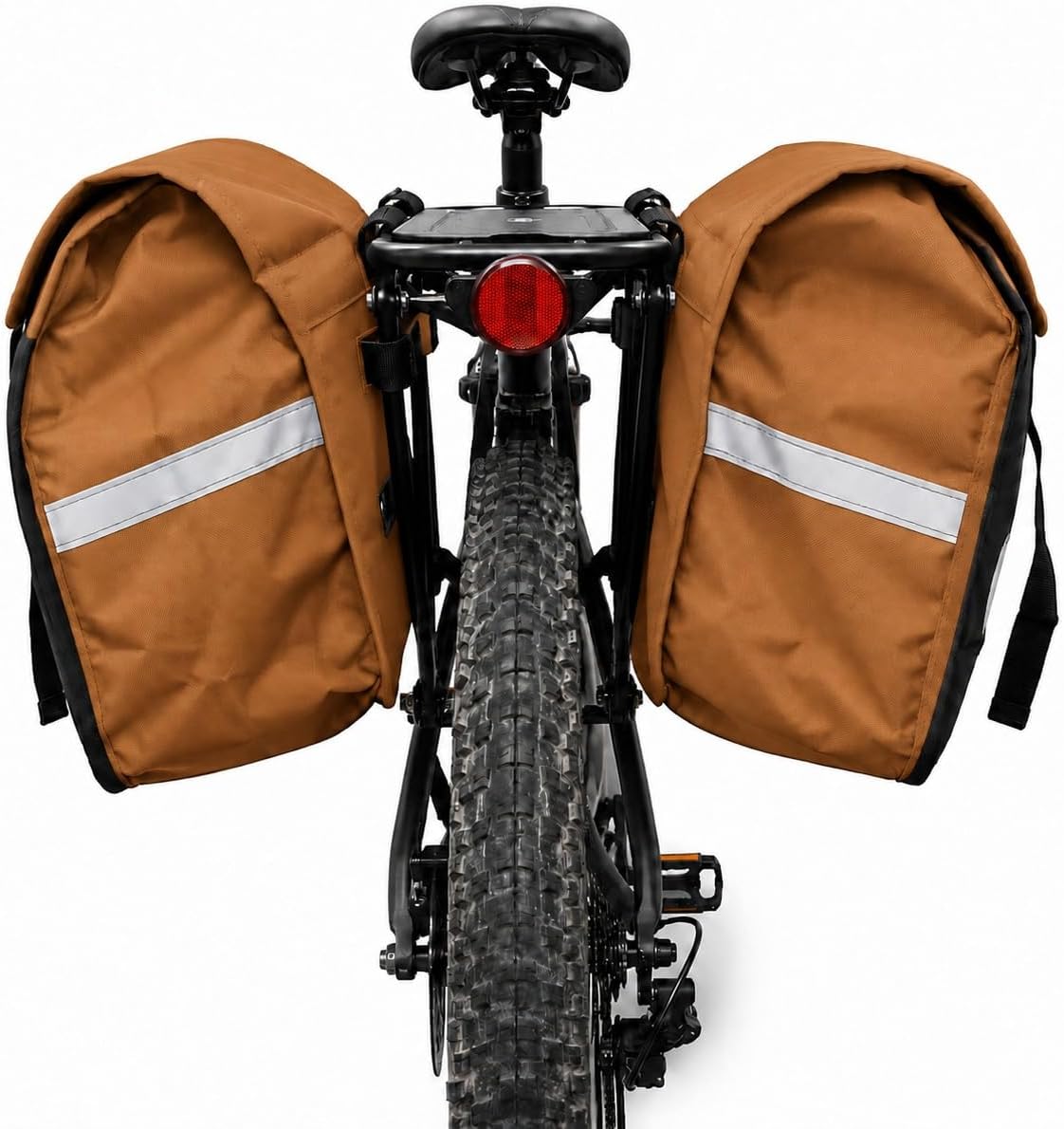 Vista traseira do Alforge Bike 60L Baslu caramelo com as duas bolsas laterais na bike