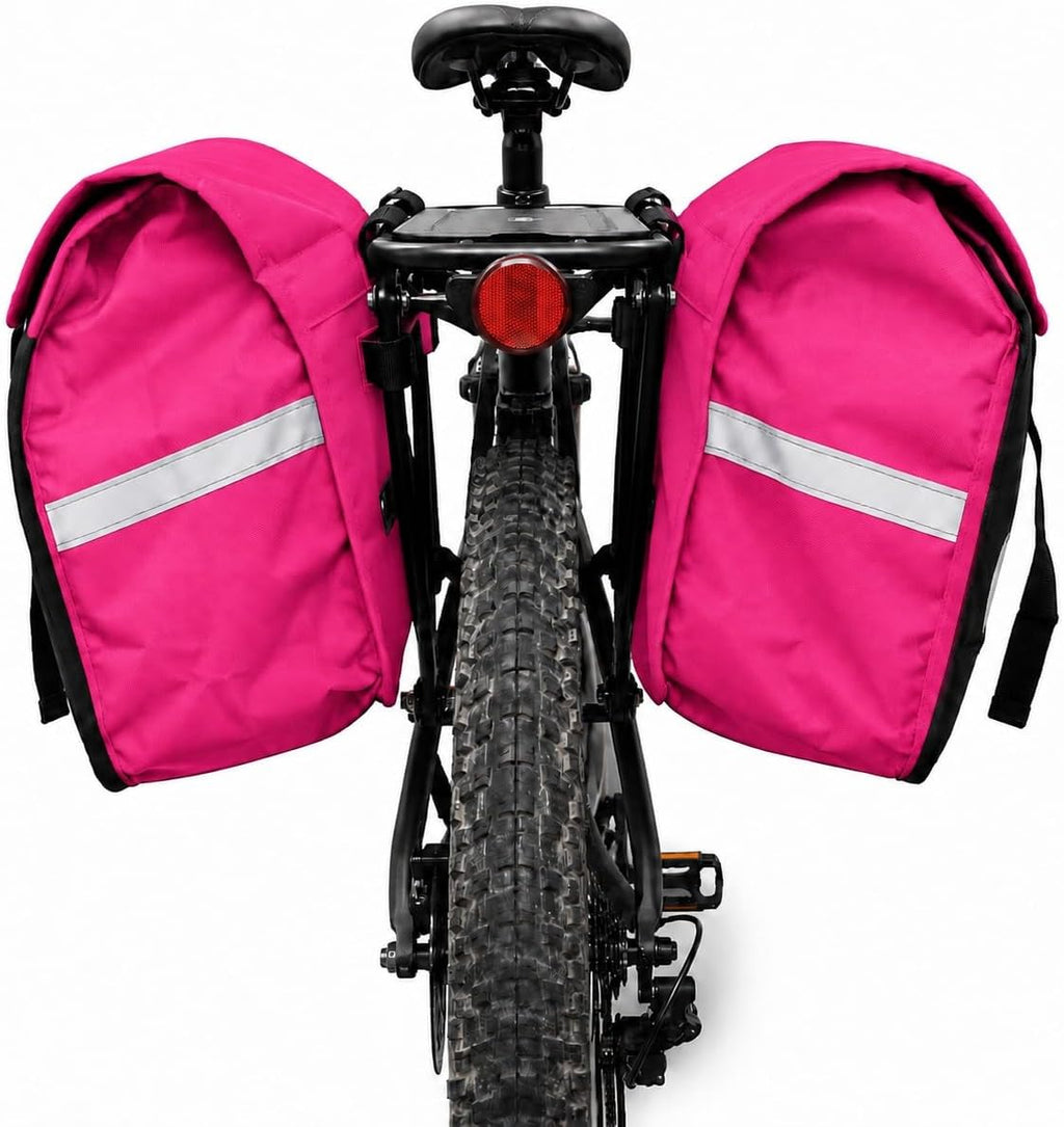 Vista traseira do Alforge Bike 60L Baslu pink com as duas bolsas laterais na bike