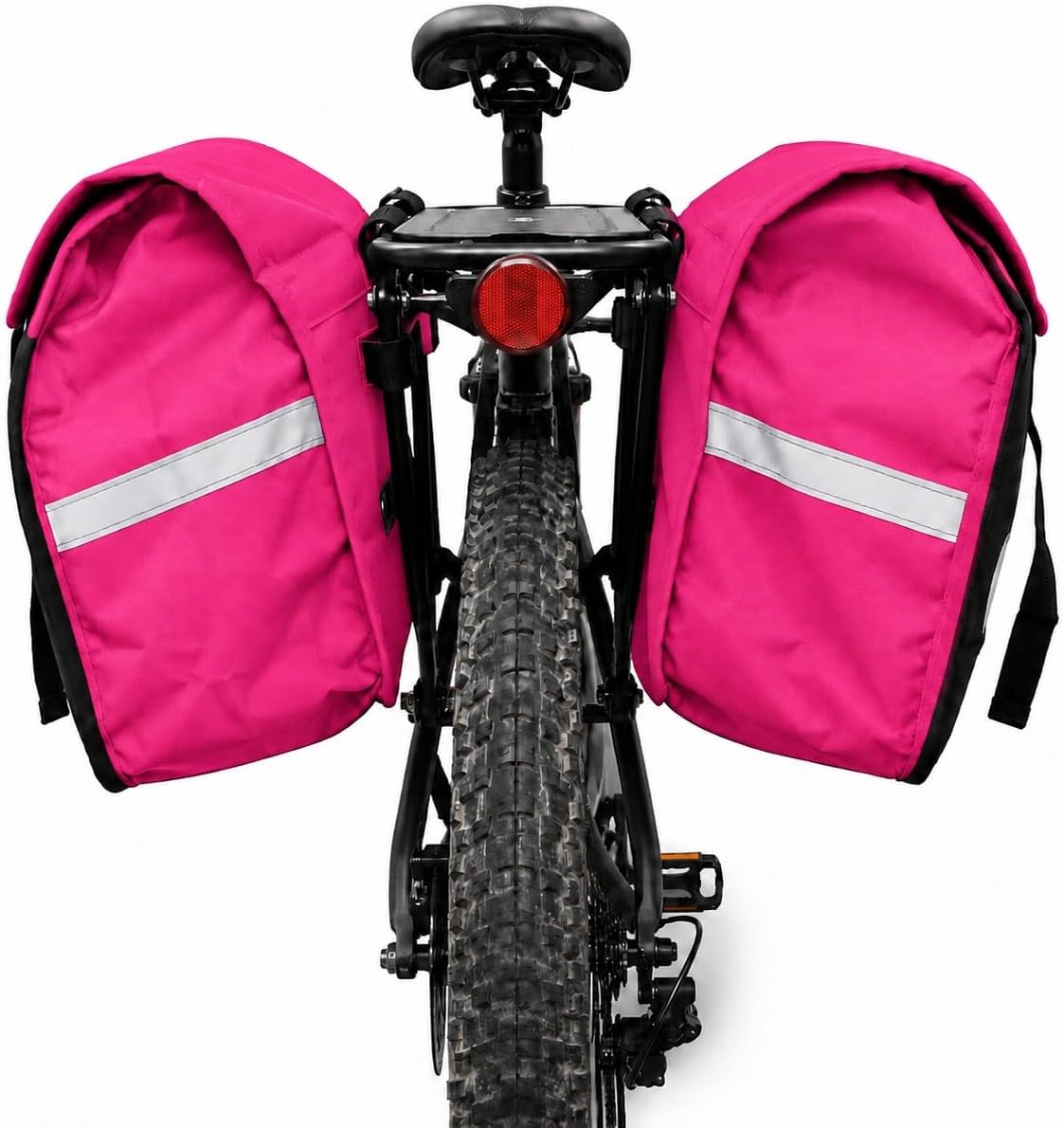 Vista traseira do Alforge Bike 60L Baslu pink com as duas bolsas laterais na bike