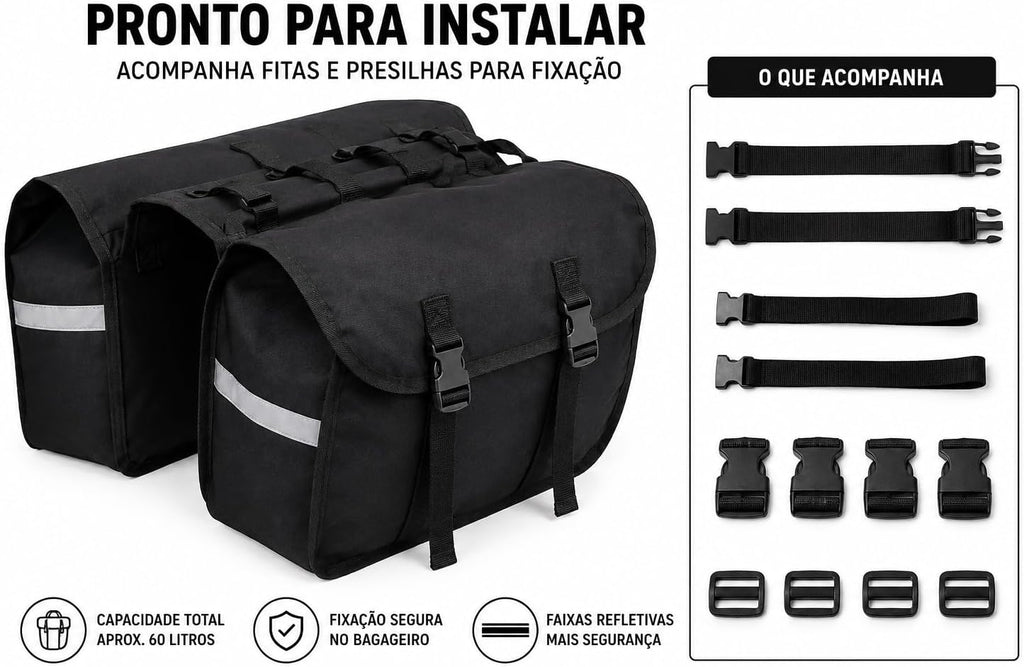 Itens do Alforge Bike 60L Baslu preto: alforge duplo, fitas e presilhas de fixação