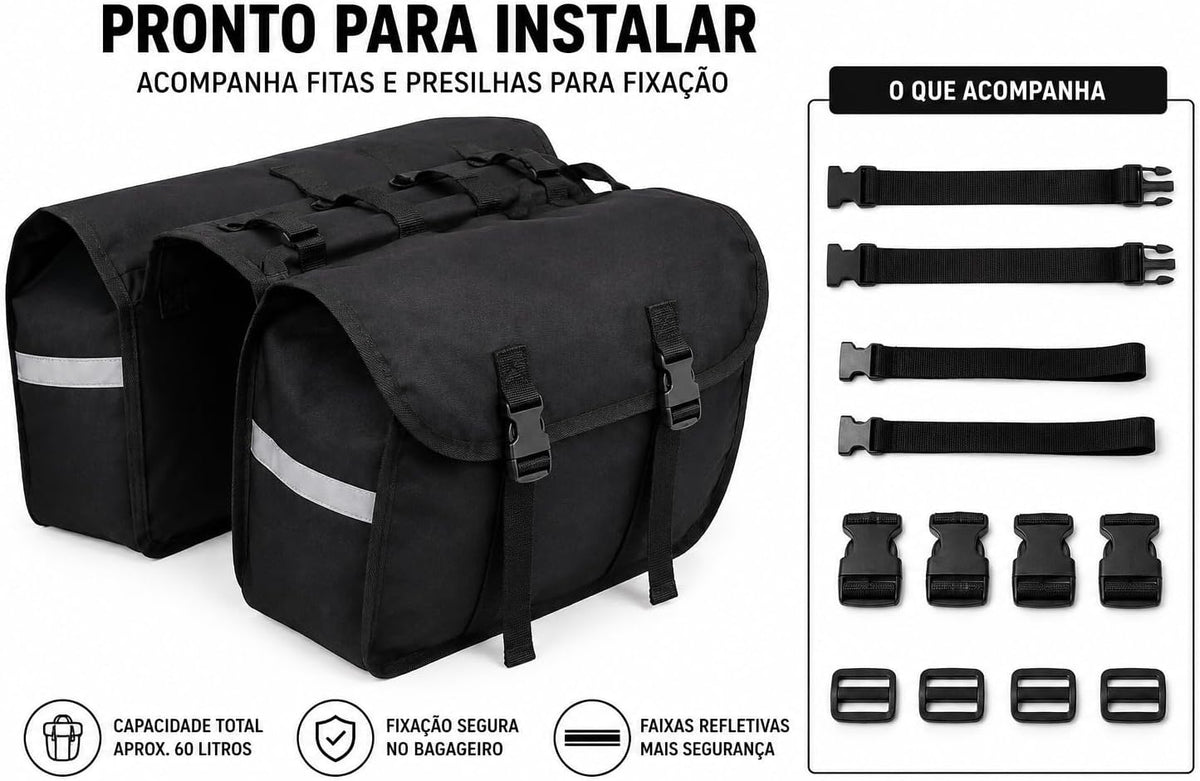 Itens do Alforge Bike 60L Baslu preto: alforge duplo, fitas e presilhas de fixação