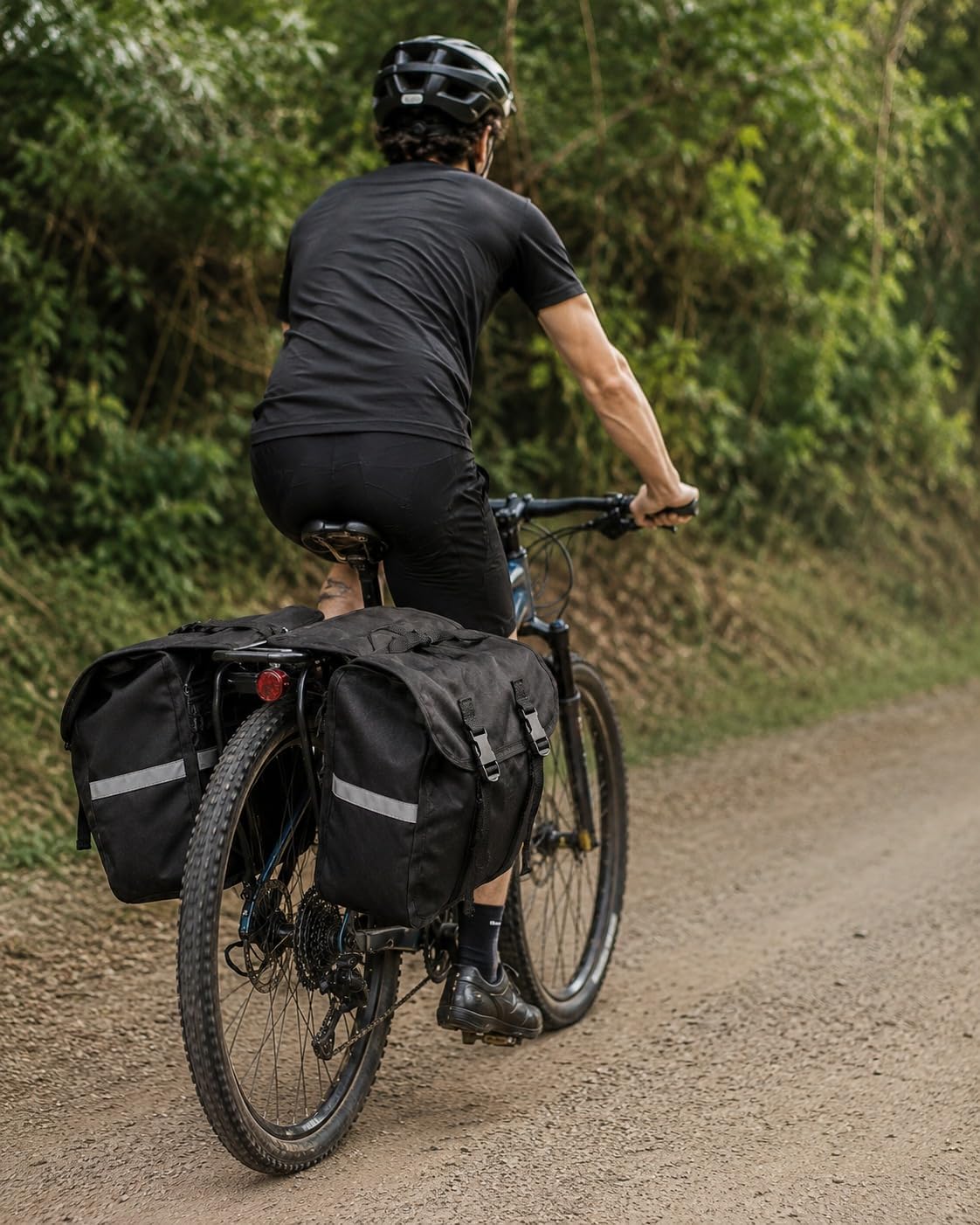 Ciclista pedalando em estrada de terra com o Alforge Bike 60L Baslu preto no bagageiro