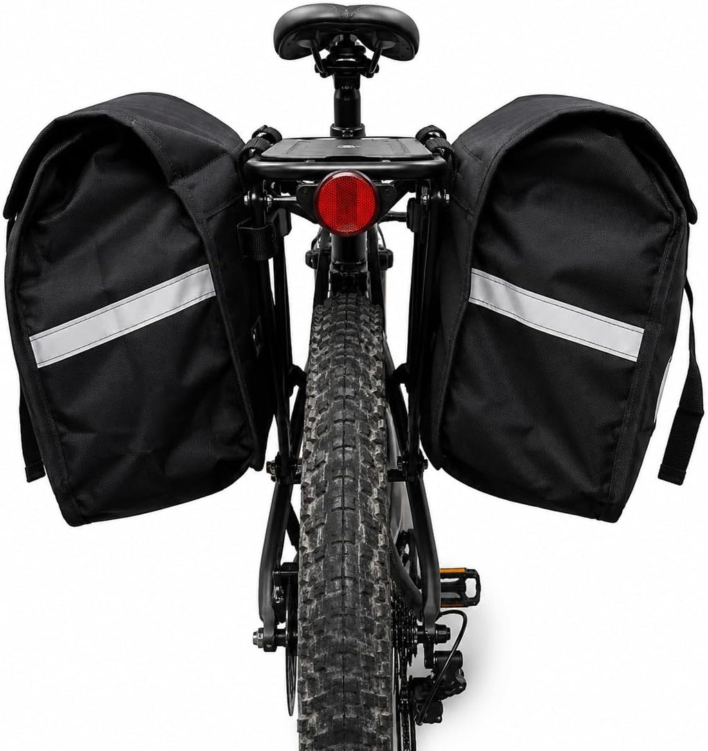 Vista traseira do Alforge Bike 60L Baslu preto com faixas refletivas nas duas laterais
