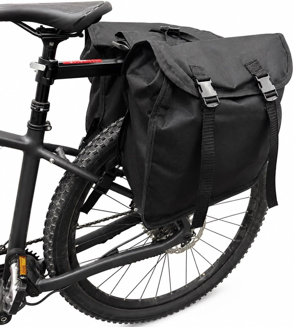 Alforge Bike 60L Baslu preto com tampas e fivelas de engate rápido instalado na bicicleta