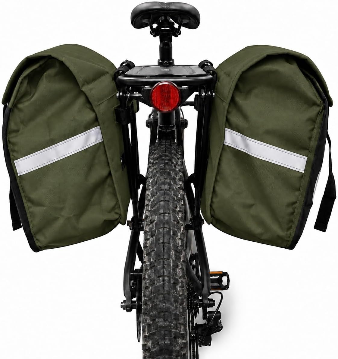 Vista traseira do Alforge Bike 60L Baslu verde militar com as duas bolsas laterais na bike