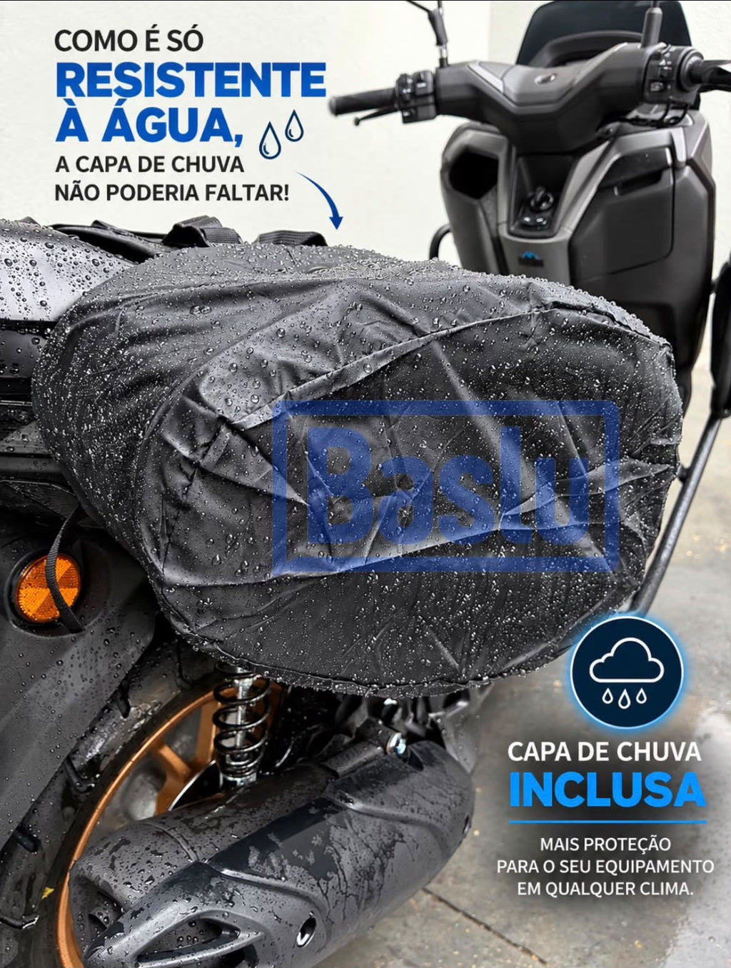 Capa de chuva inclusa no alforje Baslu 58 litros protegendo a bagagem contra a agua