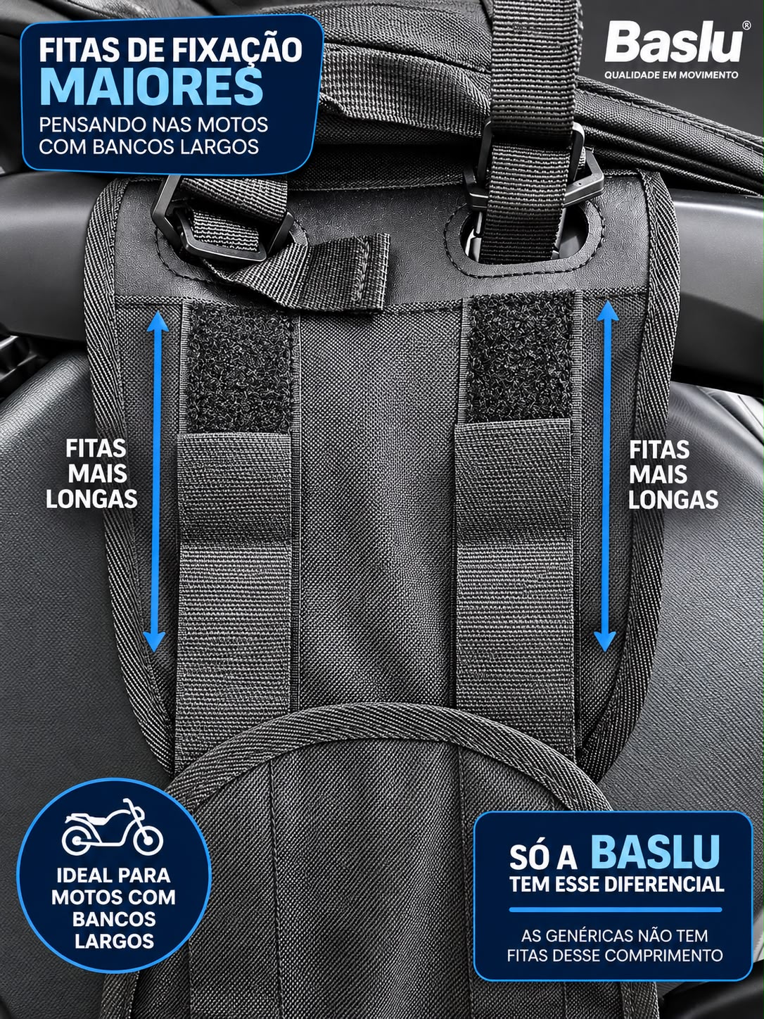 Fitas de fixacao mais longas do alforje Baslu, ideais para motos com bancos largos