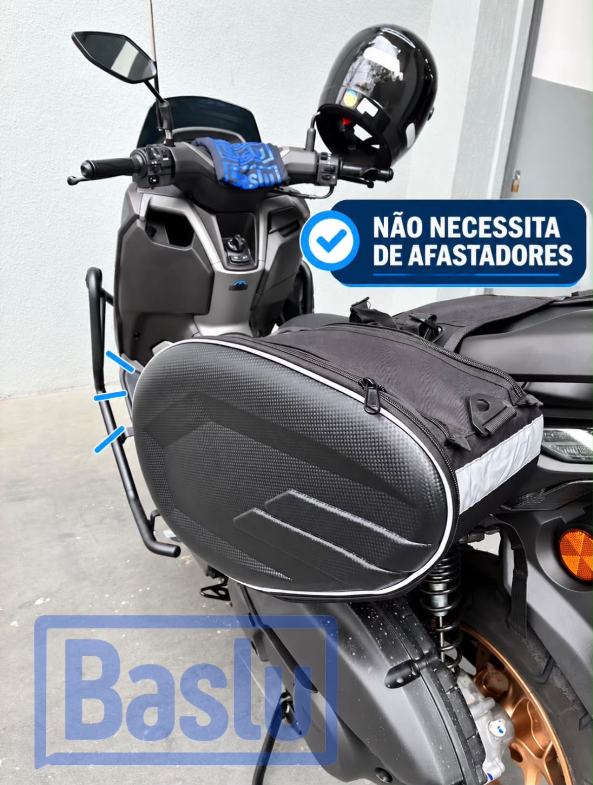 Alforje Baslu 58 litros instalado na moto sem necessidade de afastadores