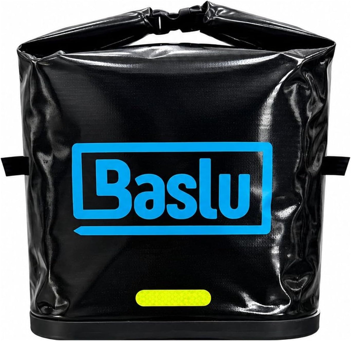 Baúflex Baú Flexível para Bike 45 Litros Baslu preto, vista frontal com fechamento roll-top