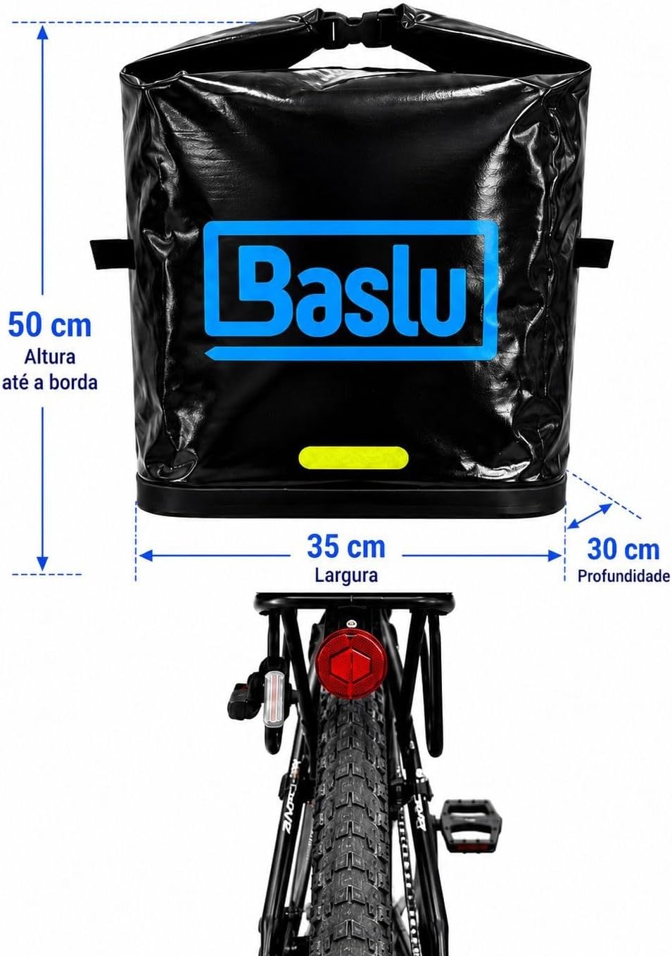 Medidas do Baúflex Bike 45L Baslu: 35 x 30 x 50 cm, instalado no bagageiro da bicicleta