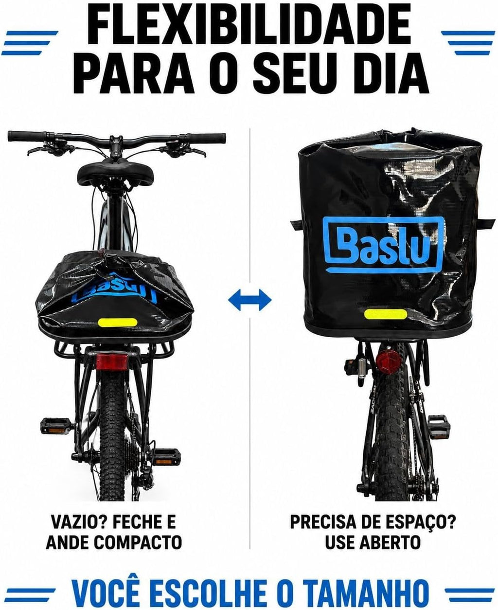 Baúflex Bike 45L Baslu fechado e compacto no bagageiro da bicicleta quando vazio
