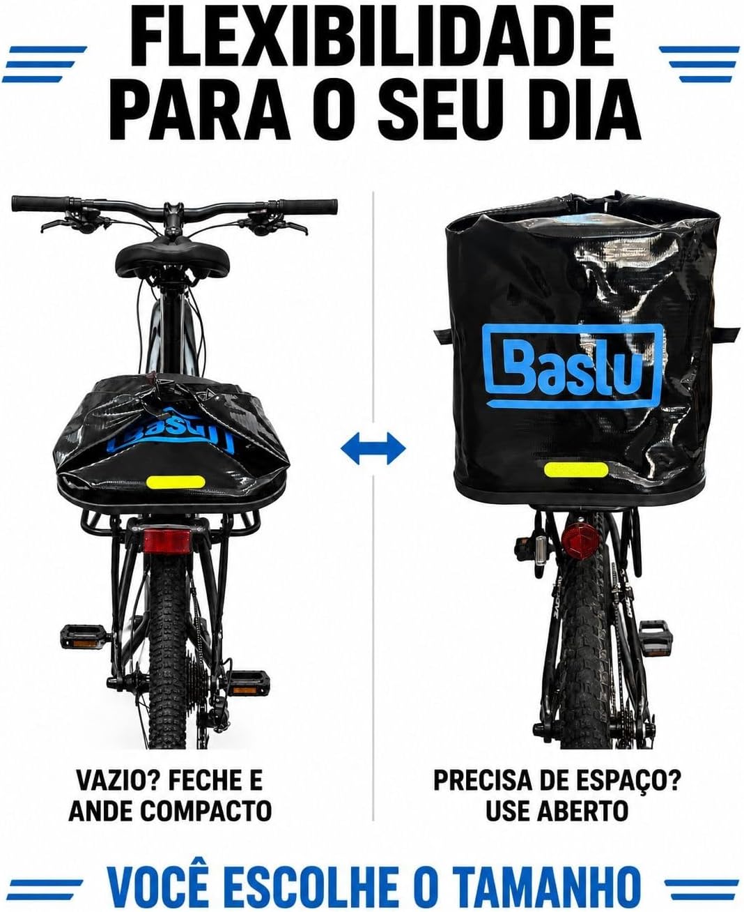 Baúflex Bike 45L Baslu fechado e compacto no bagageiro da bicicleta quando vazio