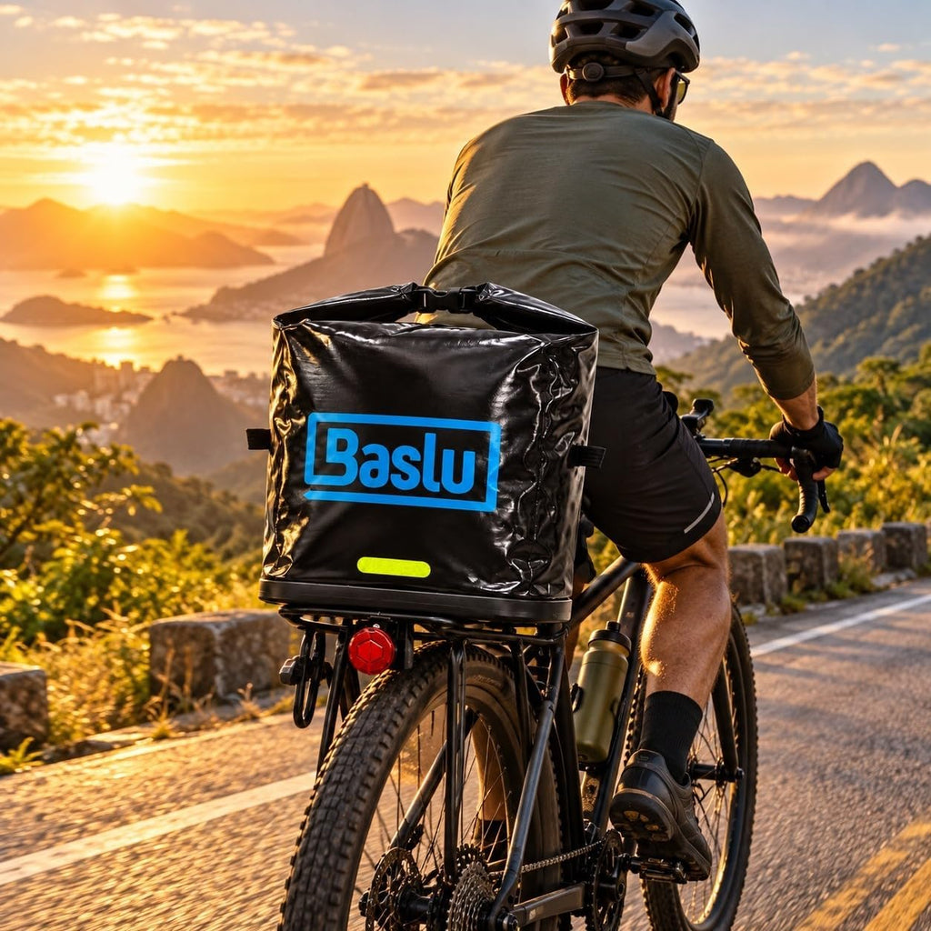 Ciclista pedalando com o Baúflex Bike 45L Baslu preto no bagageiro em estrada ao pôr do sol