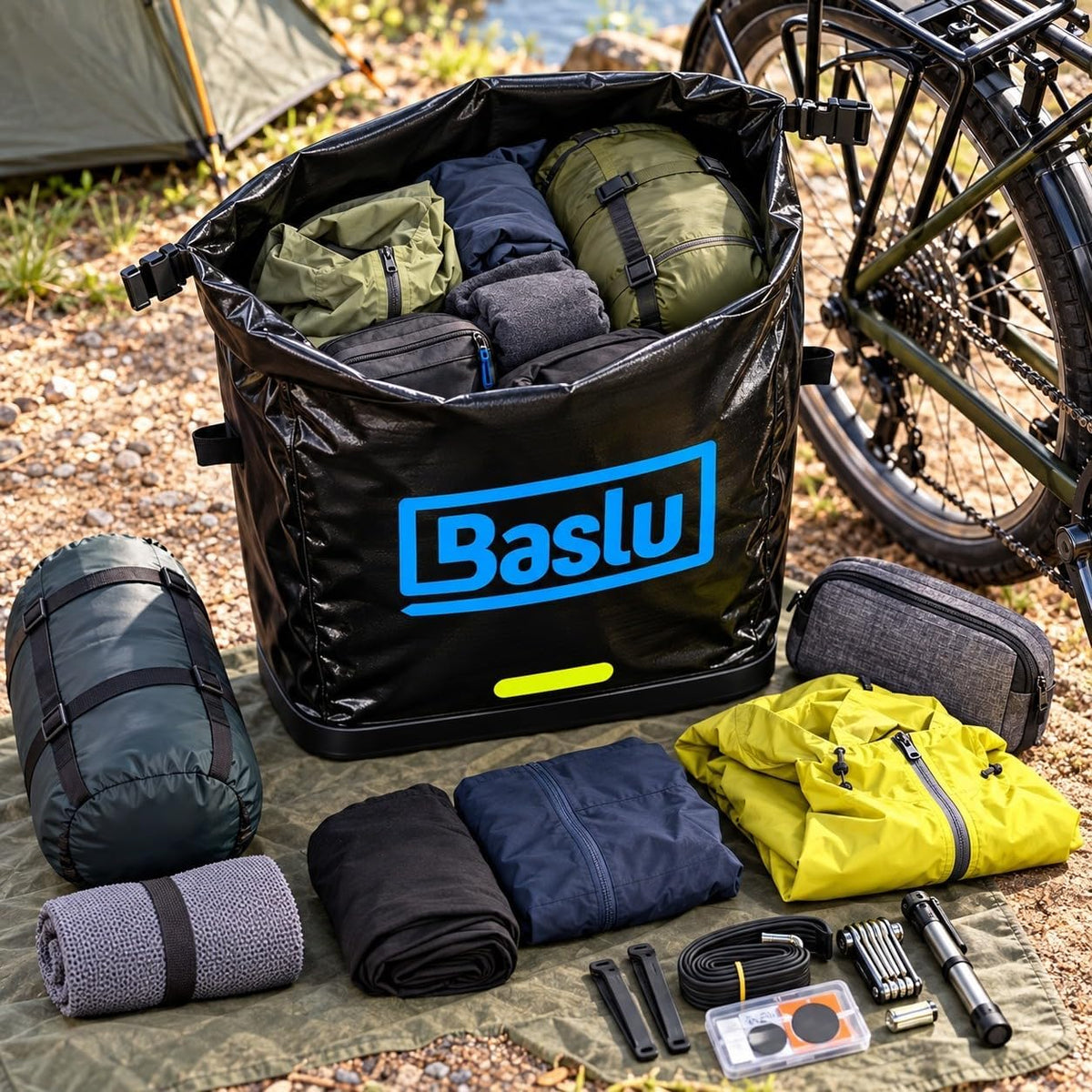 Baúflex Bike 45L Baslu aberto com roupas e saco de dormir para cicloturismo e camping