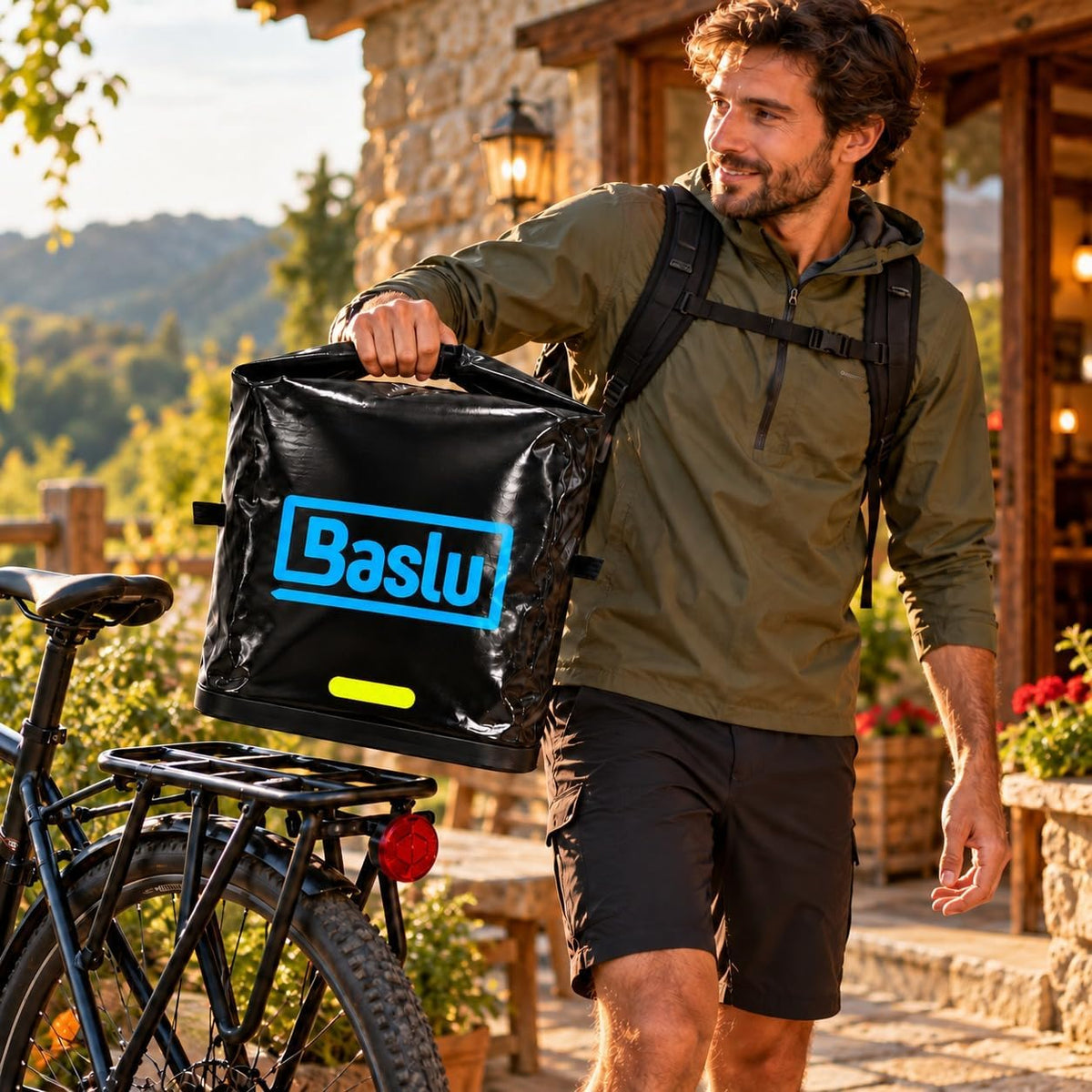 Baúflex Bike 45L Baslu usado como bolsa estanque, carregado pela alça fora da bicicleta