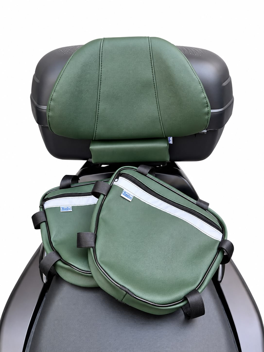 Kit Encosto Premium + Alforje Frontal Retangular Baslu verde militar: produto isolado, vista traseira do encosto com o alforje