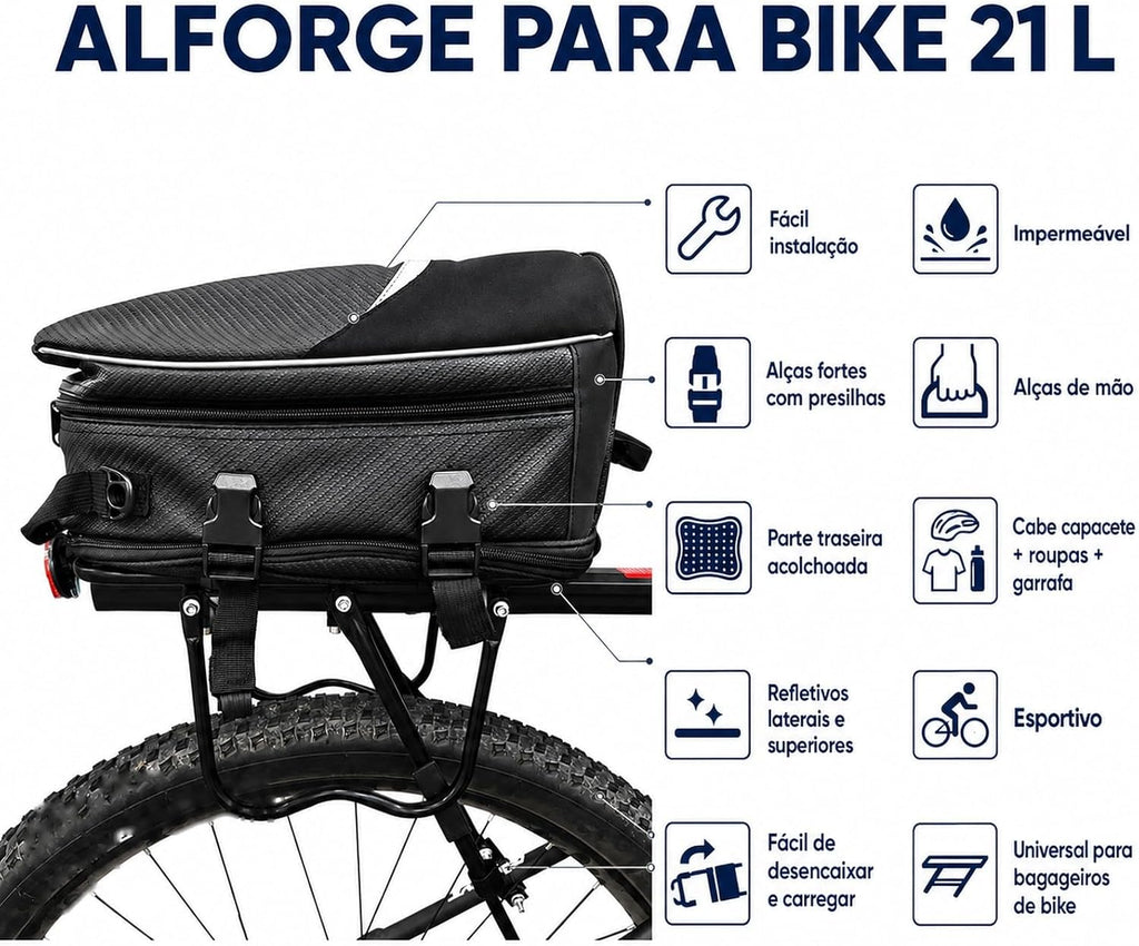 Alforge para bike 21 litros Baslu: impermeável, alças fortes, refletivos, capa de chuva e universal para bagageiro
