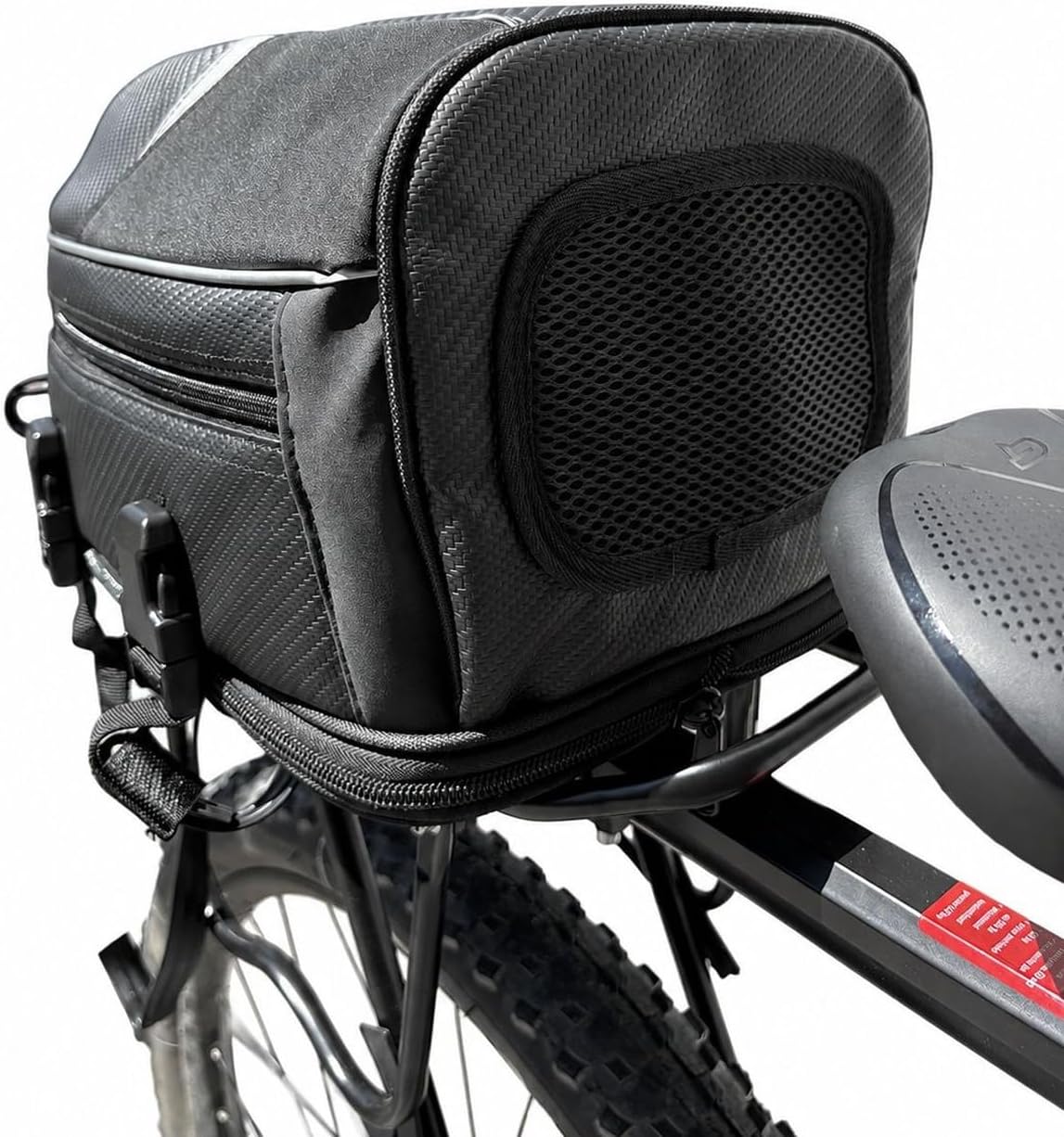 Vista traseira da bolsa baú para bike Baslu com bolso de tela