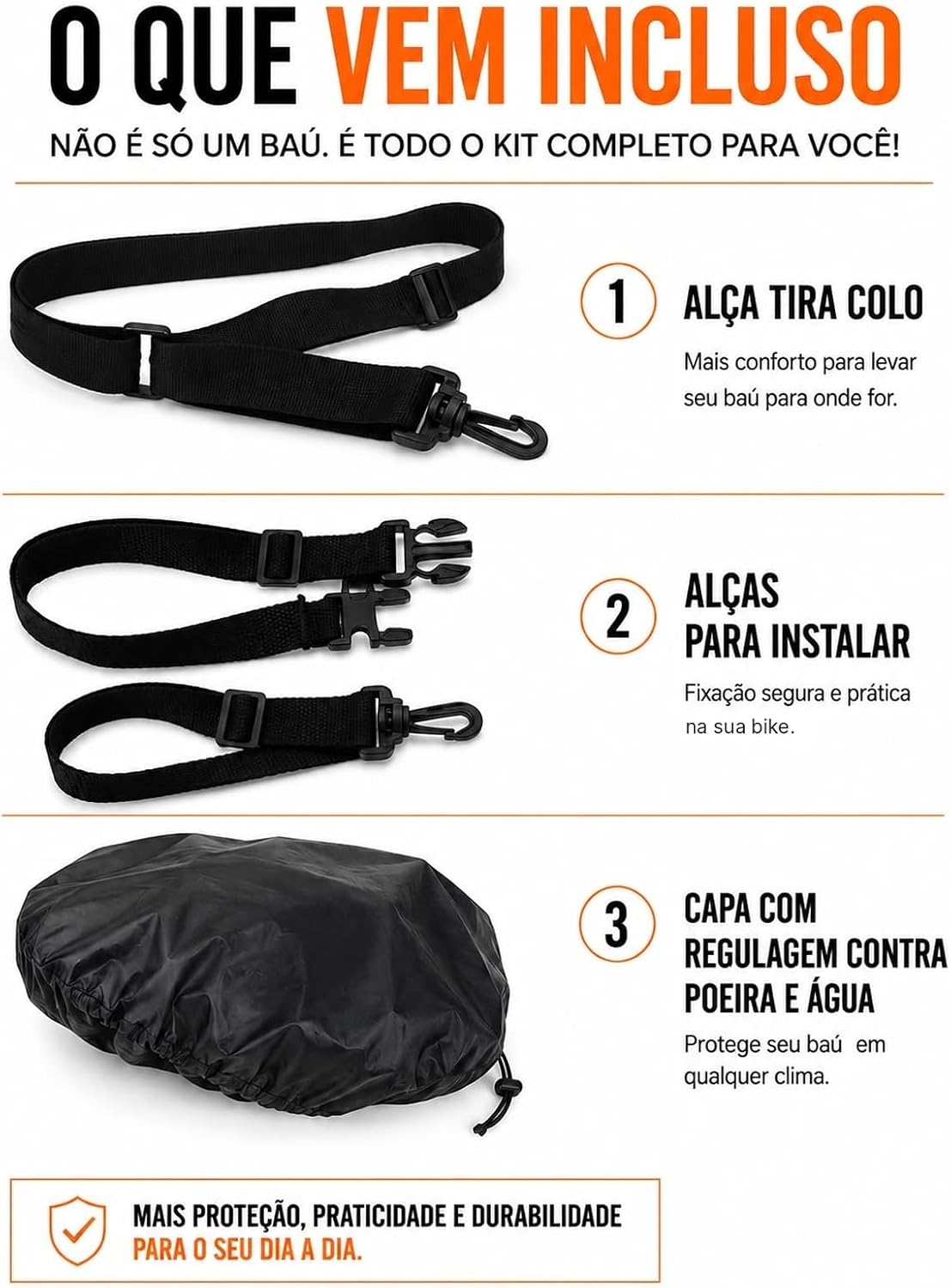 Itens inclusos na bolsa baú Baslu 21L para bike: alça tiracolo, alças de instalação e capa de chuva