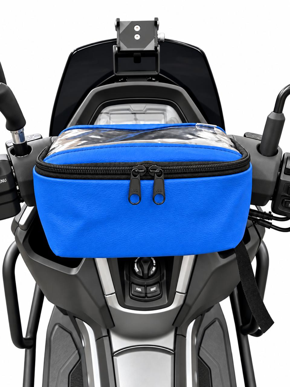 Bolsa de guidão impermeável Baslu azul vista frontal no guidão da moto