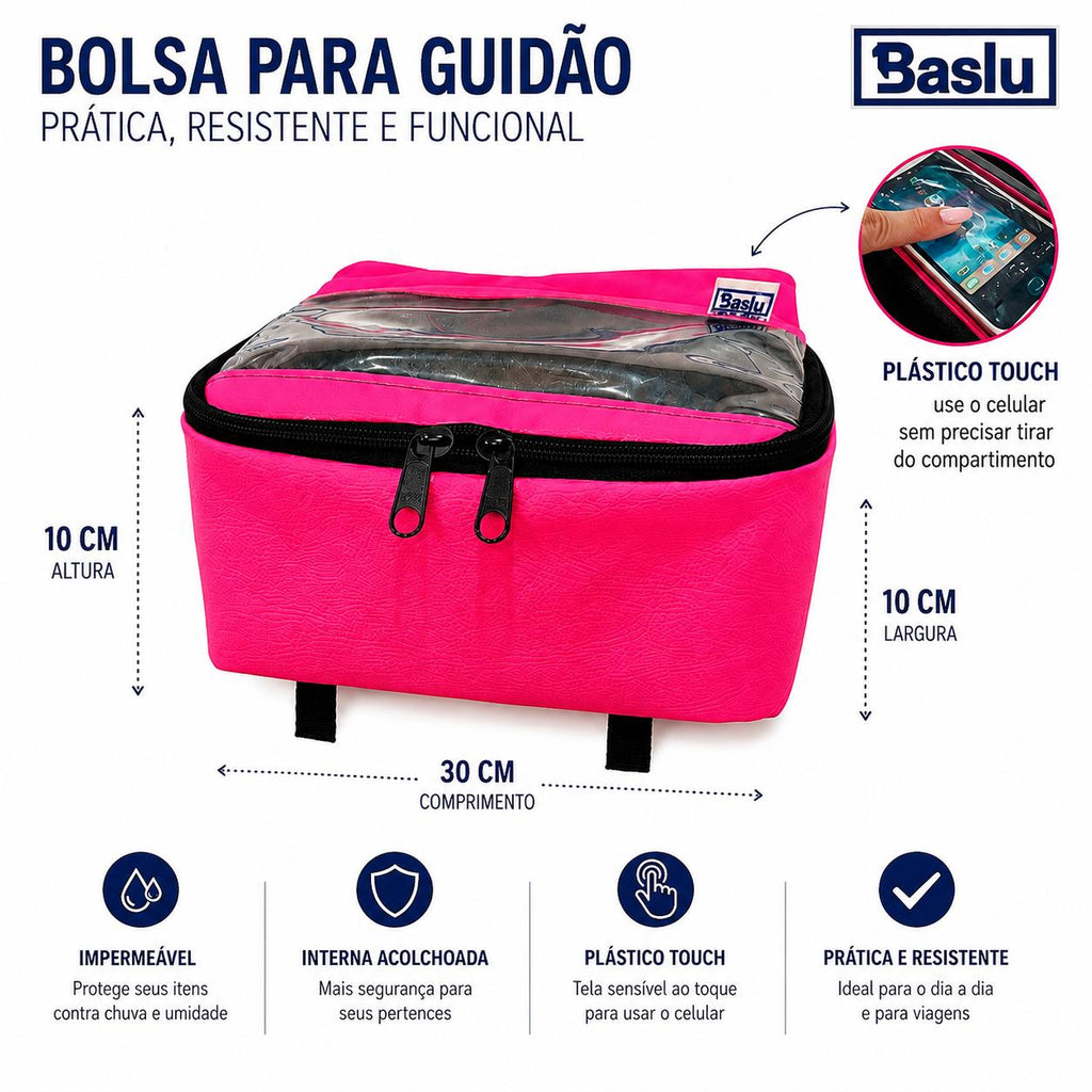 Bolsa para guidão Baslu - especificações: 10 cm altura, 10 cm largura, 30 cm comprimento, impermeável, interna acolchoada, plástico touch
