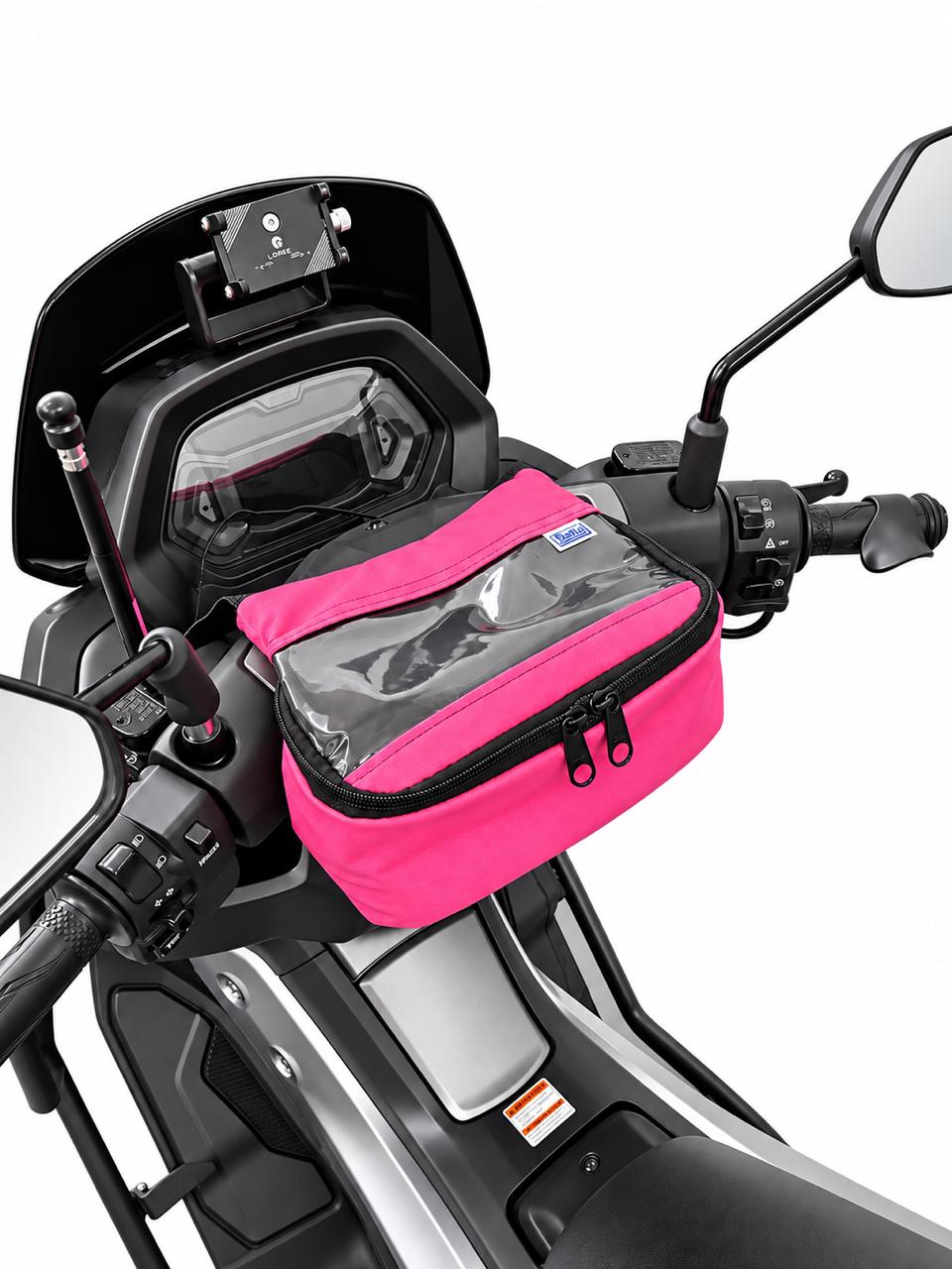 Bolsa de guidão para moto e scooter Baslu na cor pink instalada no guidão