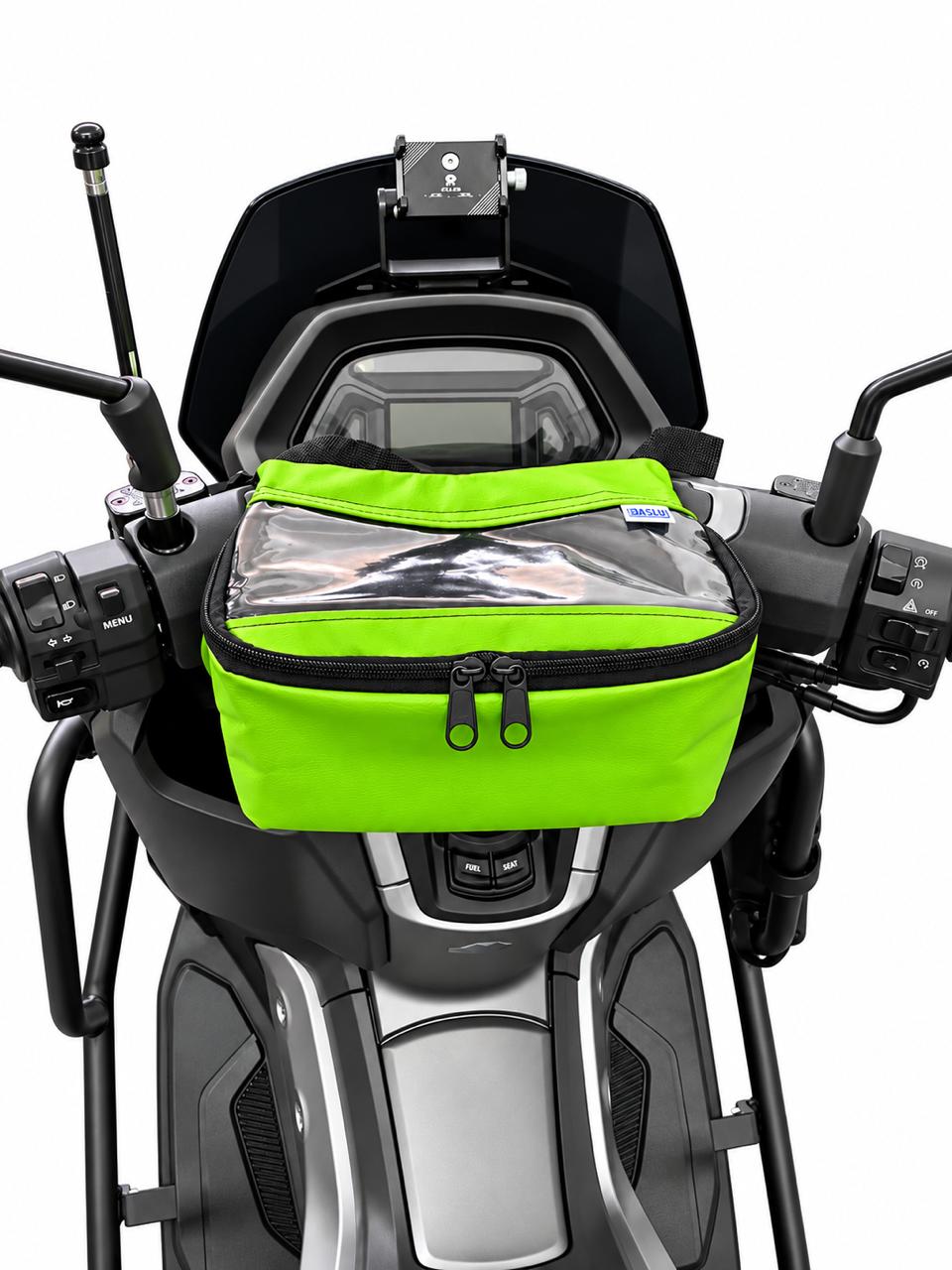 Bolsa de guidão para moto e scooter Baslu verde claro instalada no guidão