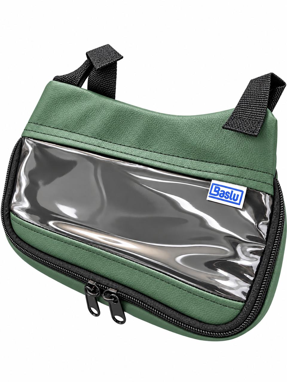 Bolsa de guidão Baslu verde militar com etiqueta da marca e compartimento touch