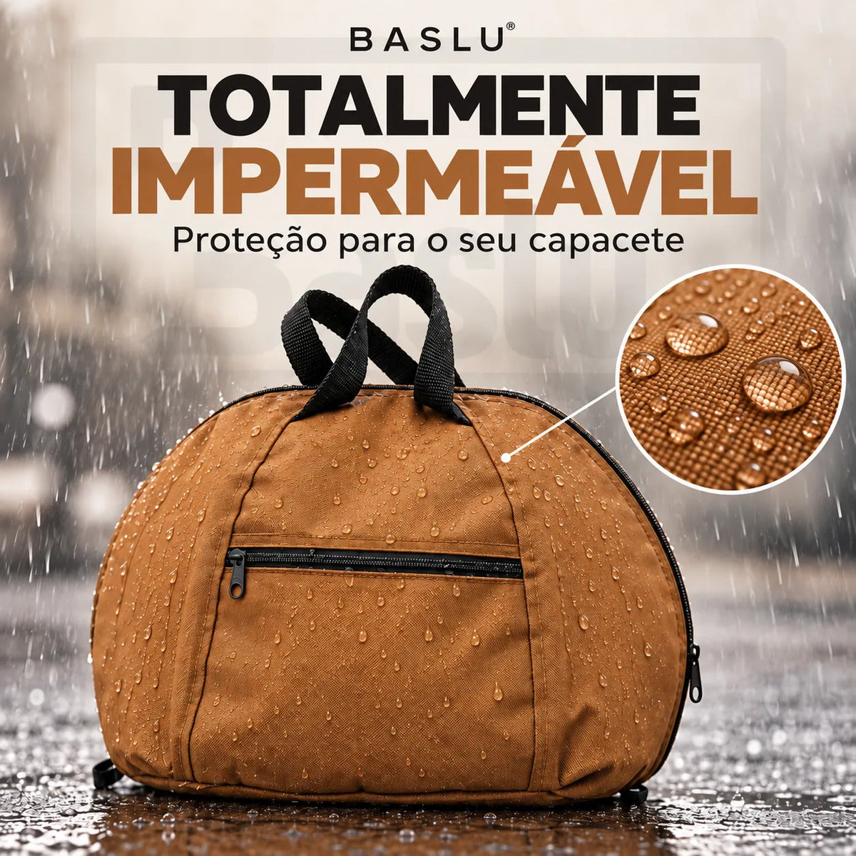 Bolsa porta capacete impermeável Baslu caramelo na chuva, gotas de água no tecido