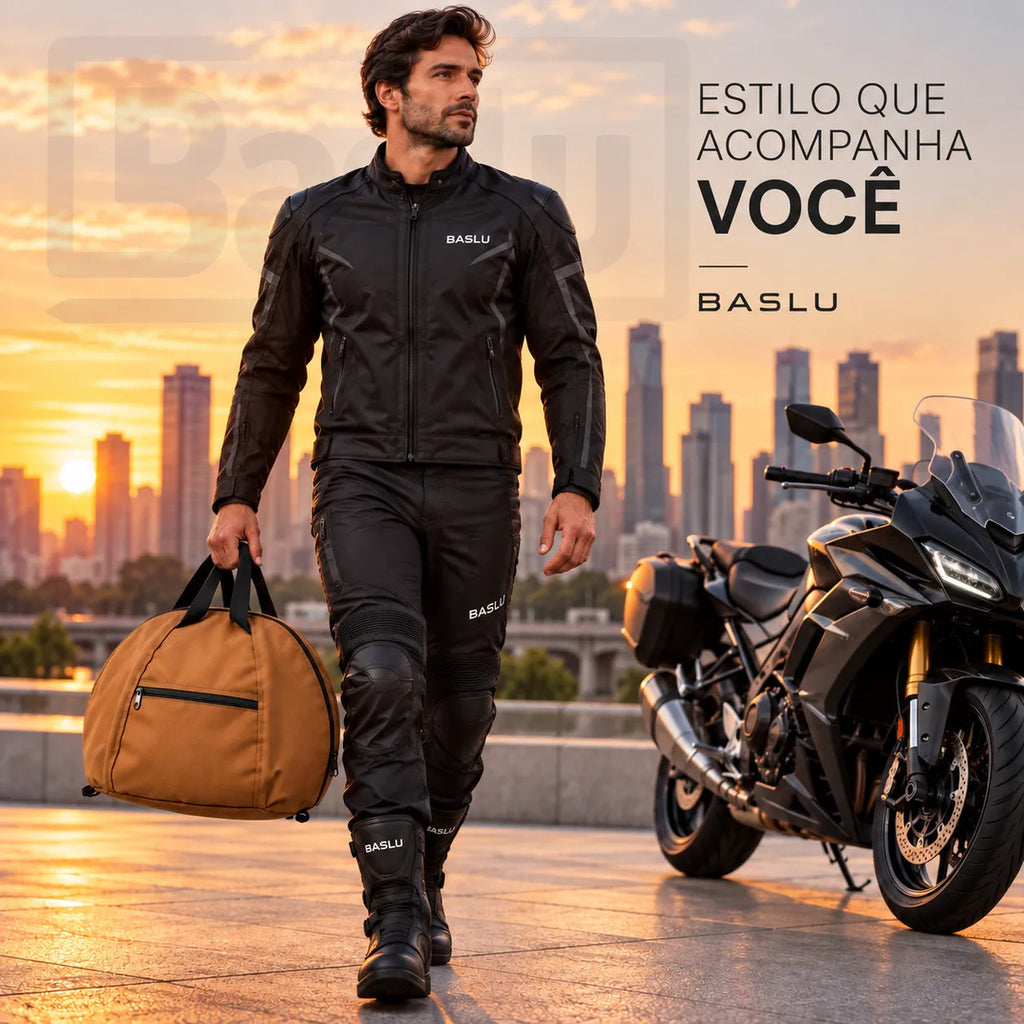 Motociclista carregando a bolsa porta capacete Baslu caramelo ao lado da moto
